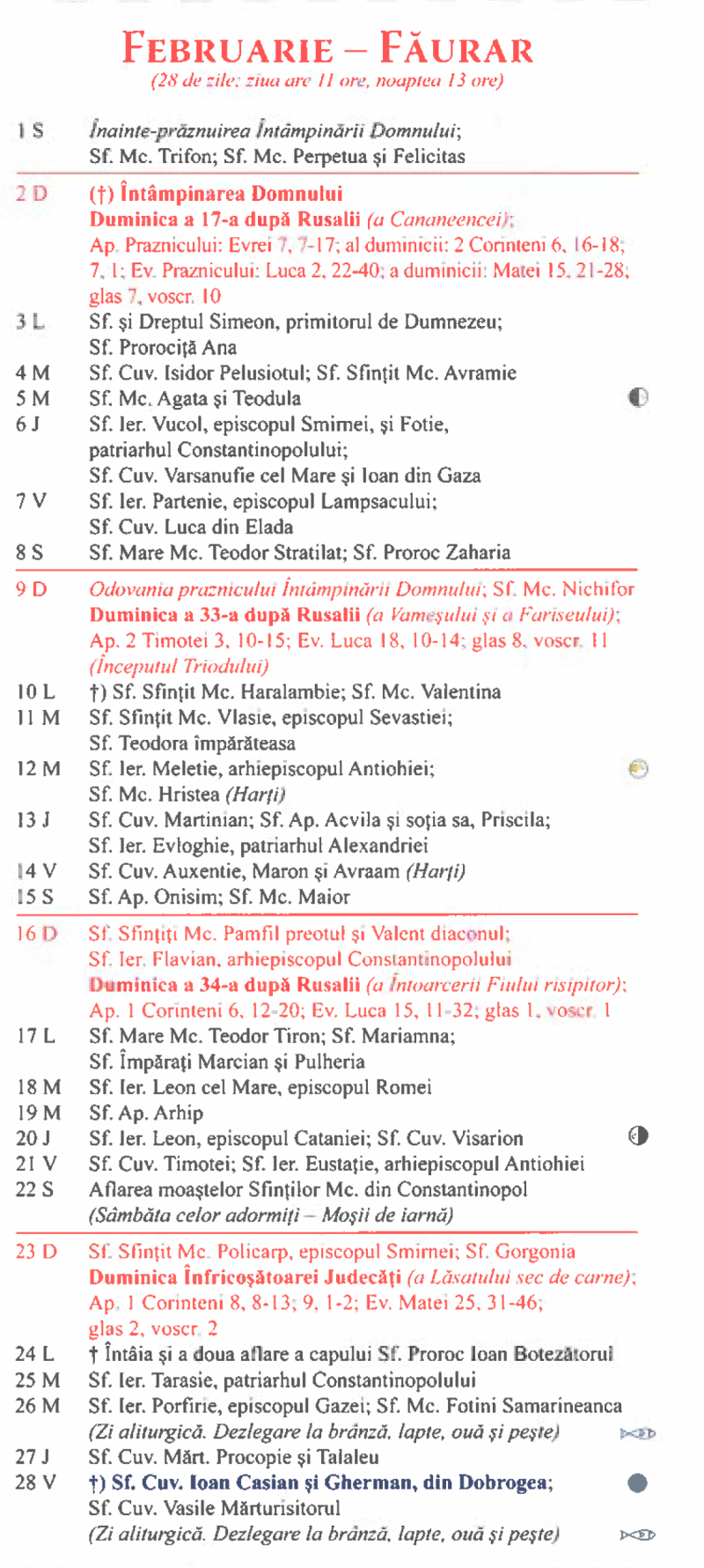 Calendar ortodox luna februarie Calendar ortodox luna februarie