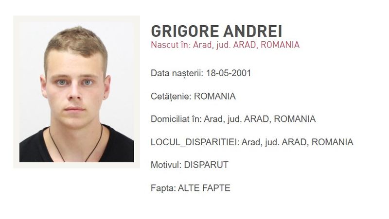 Andrei Grigore, tânărul dispărut în Arad