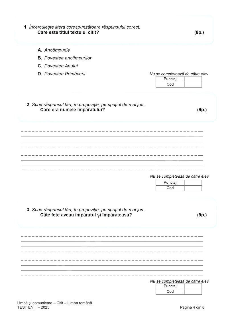 Subiectele de la Evaluarea Națională de la clasa aII-a, proba de citire la Limba Română