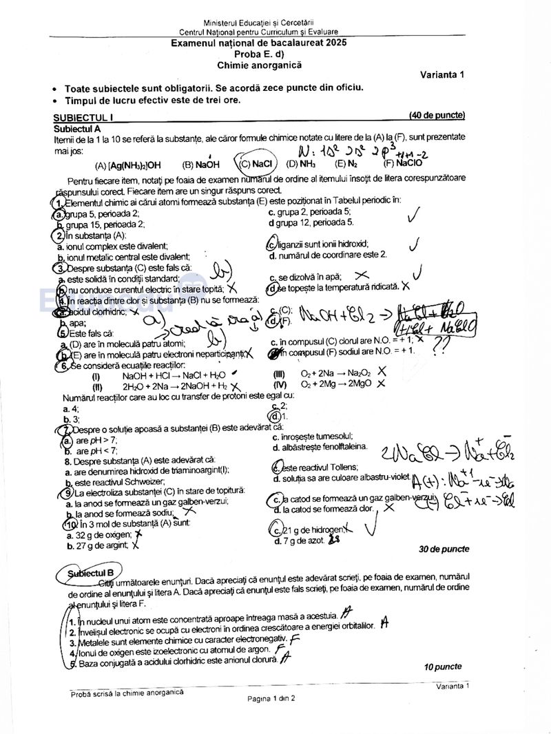 Subiecte chimie anorganică BAC 2025