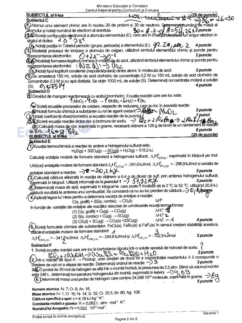 Subiecte chimie anorganică BAC 2025