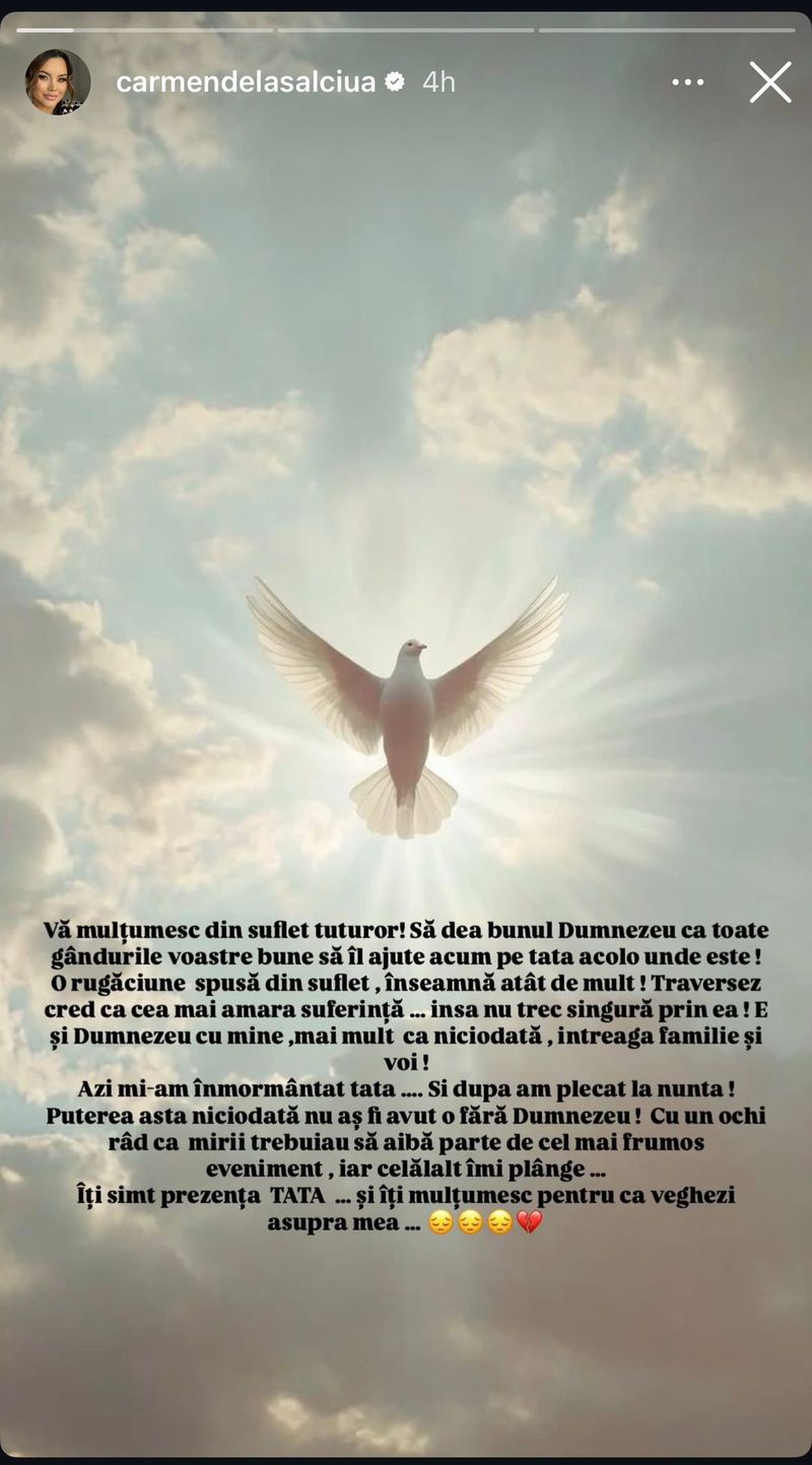 Mesajul publicat de Carmen de la Sălciua pe Instagram