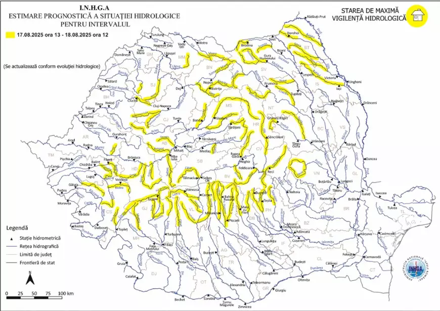 Alertă maximă: Cod galben de inundații pentru 29 de județe – viituri și viitoare dezastre locale începând de duminică! 1 15 bazine hidrografice, aflate sub cod galben de inundaţii