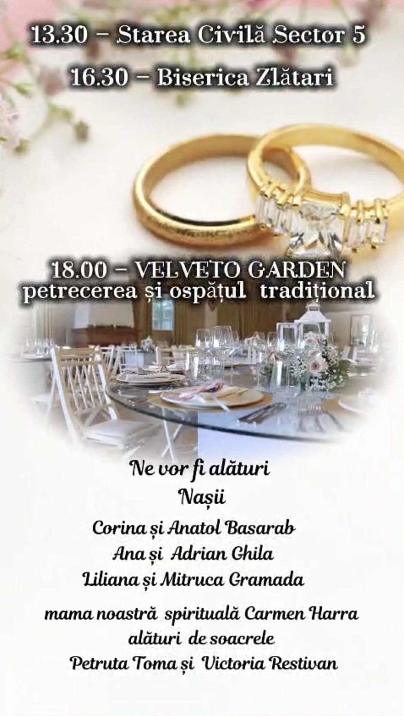 Invitația la nunta Adrianei Bahmuțeanu și a lui George Restivan