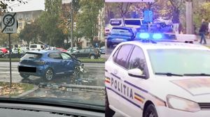 Accident în București! Stâlp de electricitate, prăbușit după ce a fost lovit de o mașină. Autoturismul s-a răsturnat după impact