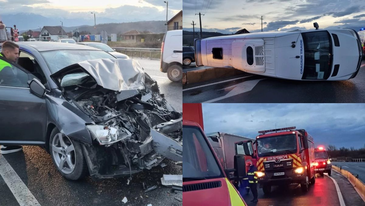 Microbuz răsturnat în Sibiu, după ce s-a ciocnit cu un aututorism! A fost activat Planul Roșu de Intervenție. 12 persoane, implicate în accident