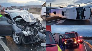 Microbuz răsturnat în Sibiu, după ce s-a ciocnit cu un autoturism! A fost activat Planul Roșu de Intervenție. 12 persoane, implicate în accident
