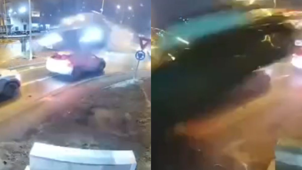 Incident șocant în Oradea! O mașină care rula cu viteză a zburat peste sensul giratoriu. Întregul moment, surprins de camerele de supraveghere