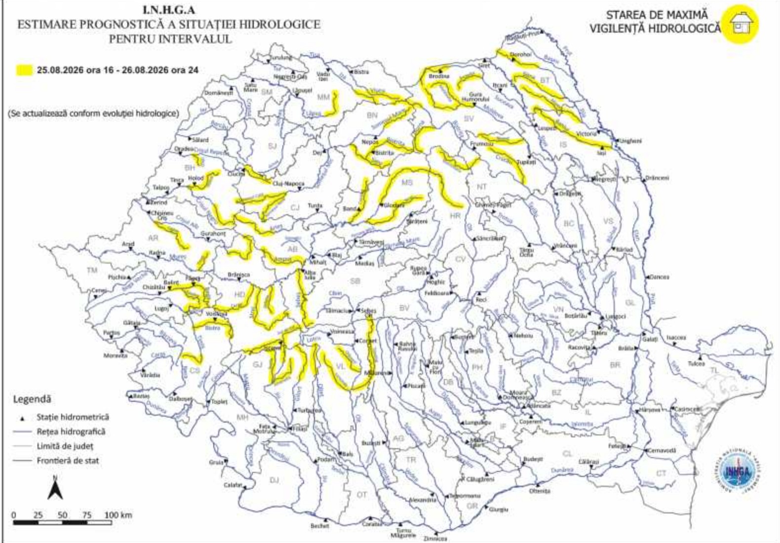 Cod galben de viituri în 19 județe. INHGA avertizează asupra unor creșteri rapide ale debitelor