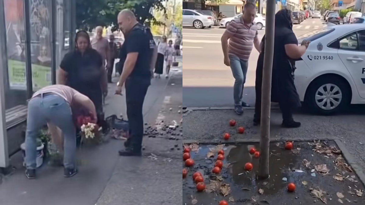 Scene revoltătoare în Sectorul 1 din Capitală! O bătrânică a fost umilită de un polițist local, care i-a aruncat pe jos toate florile și fructele de vânzare