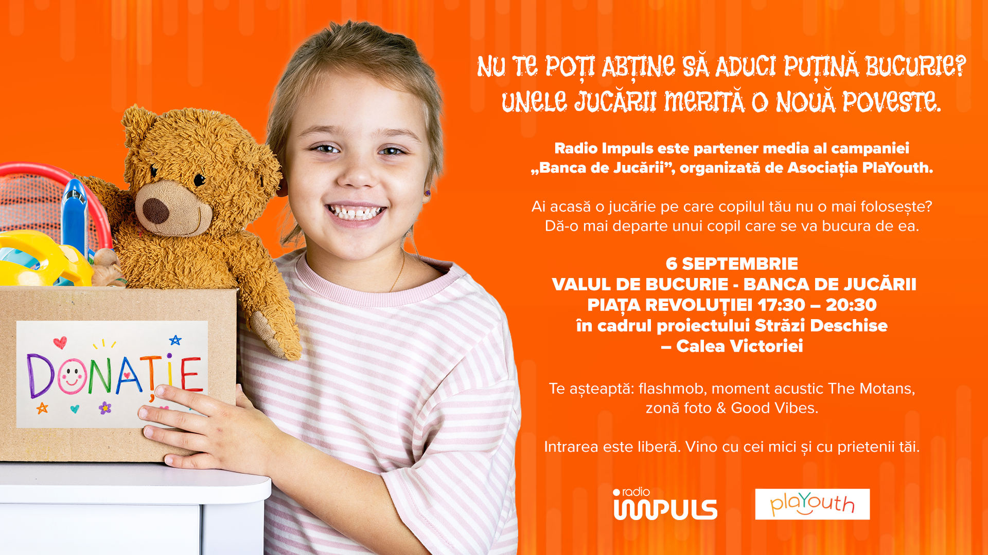 Radio Impuls vă invită la „Valul de bucurie pentru Banca de Jucării”, un flashmob caritabil în inima Bucureştiului. The Motans, moment acustic în cadrul evenimentului