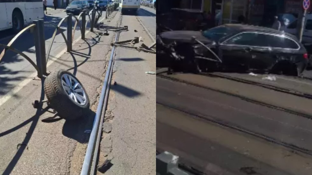 Accident grav în București! Mașină făcută bucăți după ce a ajuns pe linia tramvaiului 41