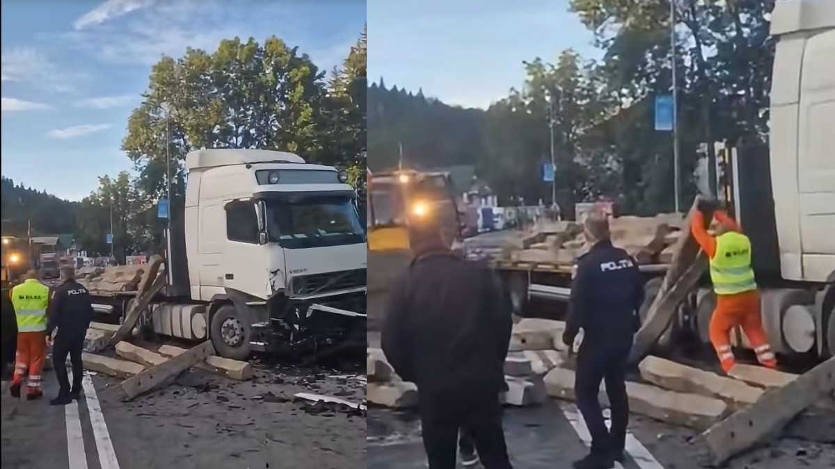 Accident pe DN1, în Predeal. Traficul este blocat după ce încărcătura unui camion a ajuns pe carosabil