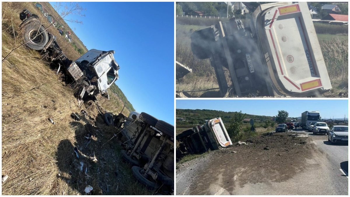 Accident cumplit la Lețcani, județul Iași: un camion s-a răsturnat peste un autoturism. O persoană a murit, alta a fost găsită inconștientă