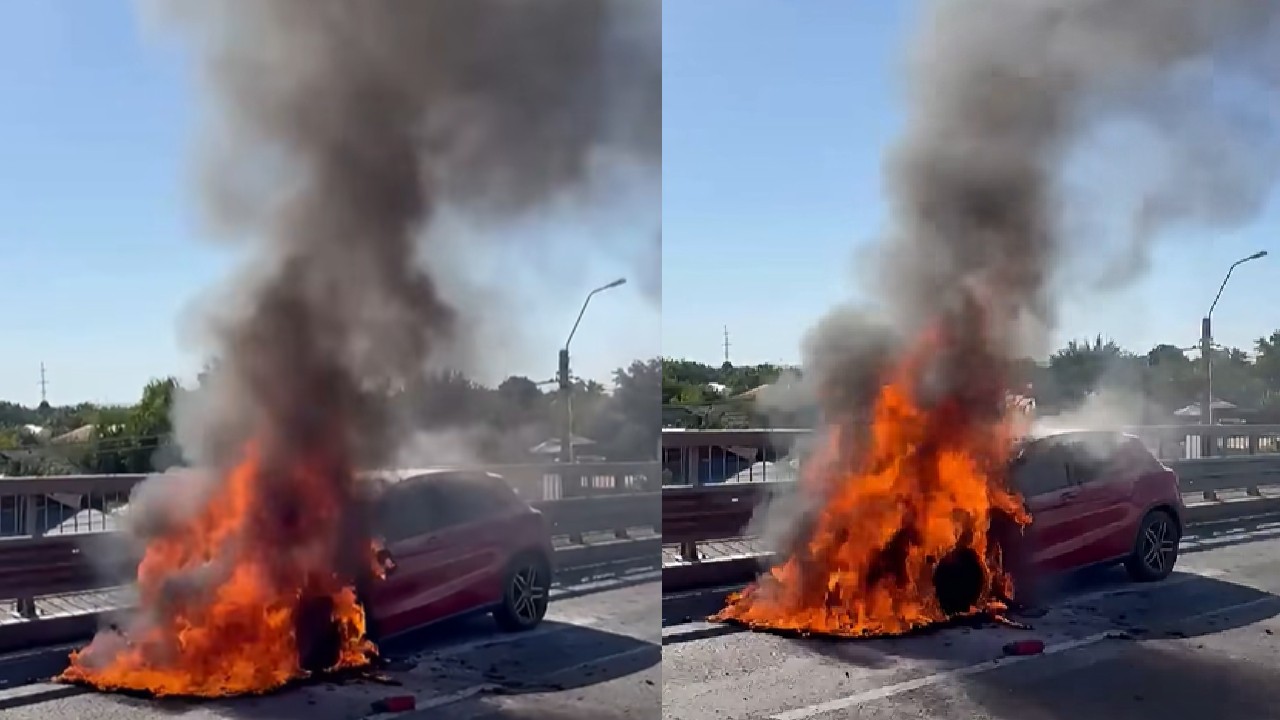 Mașină cuprinsă de flăcări pe DN5, la Daia. Traficul spre București a fost blocat
