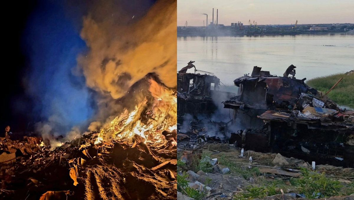 Incendiu puternic la bordul unei nave dezafectate de pe malul Dunării, în Giurgiu! Misiune dificilă pentru pompieri