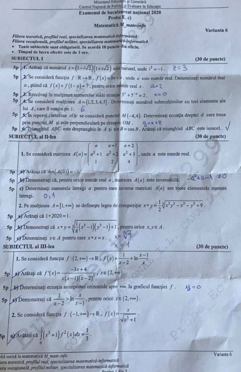 SUBIECTE BAC 2020, 24 IUNIE- MATEMATICĂ ȘI ISTORIE