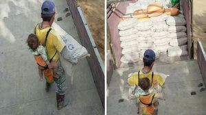 Imaginile care îți vor rupe inima! Un tată își cară fiul în spate, în timp ce muncește