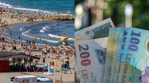 Turiști pe plajă, bancnote de 200 de lei și de 100 de lei