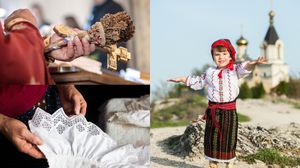 Preot, fetiță în costum popular, mânecă brodată