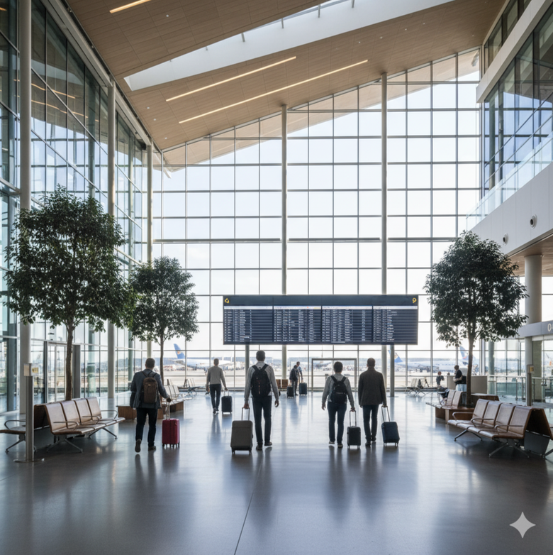 Designul silențios al aeroportului reduce zgomotul prin limitarea anunțurilor publice, oferind pasagerilor o experiență de călătorie mai calmă.