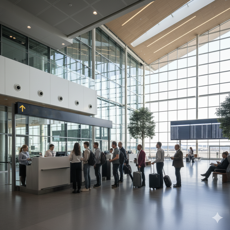 Designul silențios al aeroportului reduce zgomotul prin limitarea anunțurilor publice, oferind pasagerilor o experiență de călătorie mai calmă.