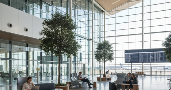 Designul silențios al aeroportului reduce zgomotul prin limitarea anunțurilor publice, oferind pasagerilor o experiență de călătorie mai calmă.