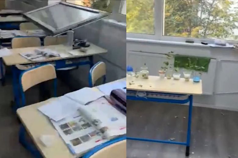 Cioburile geamurilor sparte, în urma exploziei din apropiere,