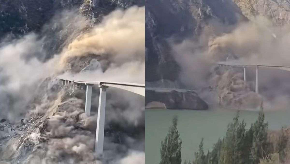 Momentul înfiorător în care un pod recent inaugurat se prăbușește pe o autostradă națională, în China VIDEO