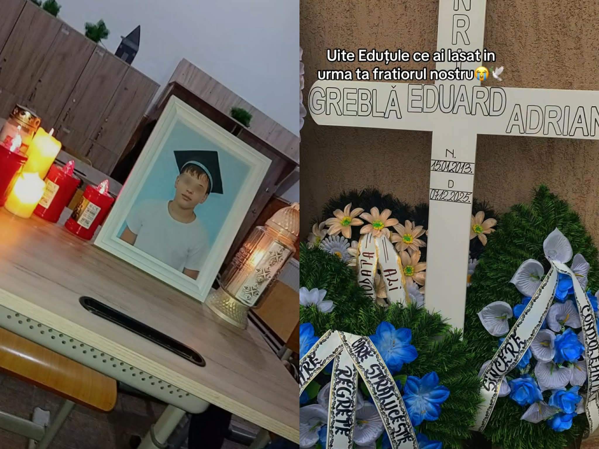 Eduard, copilul de 12 ani din Ialomița, a fost condus pe ultimul drum într-o mare de lacrimi. Colegii au făcut un mic altar în banca în care acesta învăța