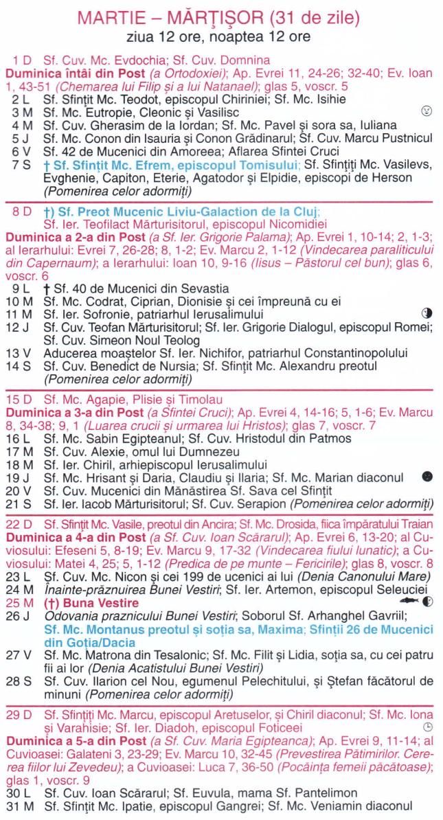 Calendar ortodox martie 2026