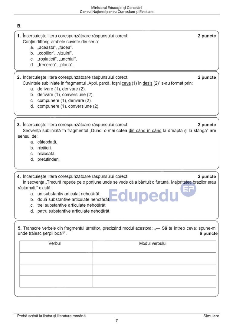 Simulare Evaluarea Națională 2026 Limba și literatura română