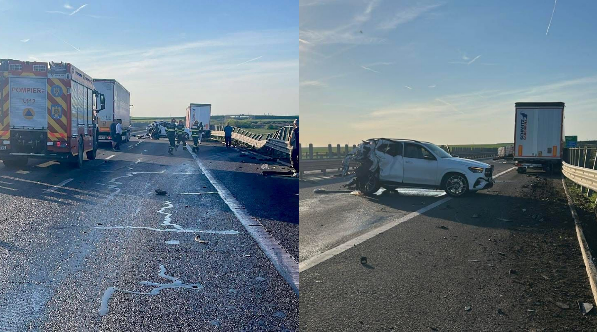 Un bărbat și-a pierdut viața după ce un TIR a spulberat o mașină oprită pe banda de urgență, pe A1. Soția acestuia a ajuns la spital