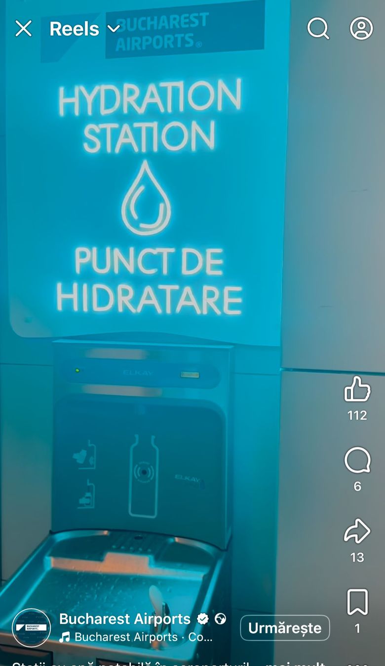 Stații cu apă potabilă gratis pe Aeroportul Otopeni și Băneasa.