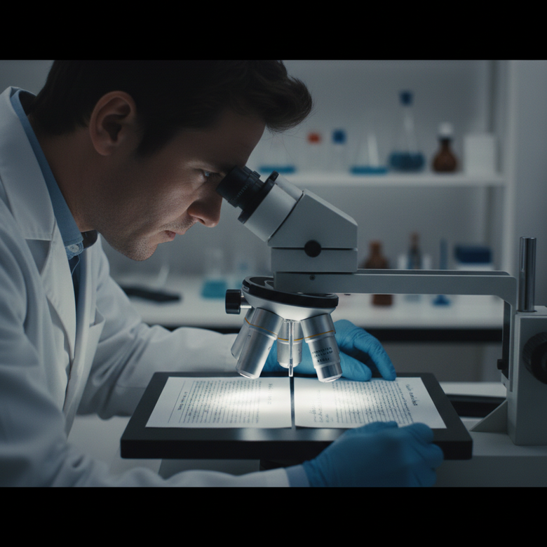 Experții criminaliști analizează documente pentru a descoperi fraude prin tehnici precise de autentificare a scrisului de mână și metode științifice.