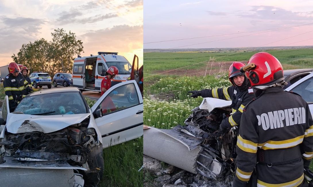 Impact puternic pe E70 după ce o mașină a intrat într-un stâlp! O fetița de 7 ani și o femeie au ajuns la spital