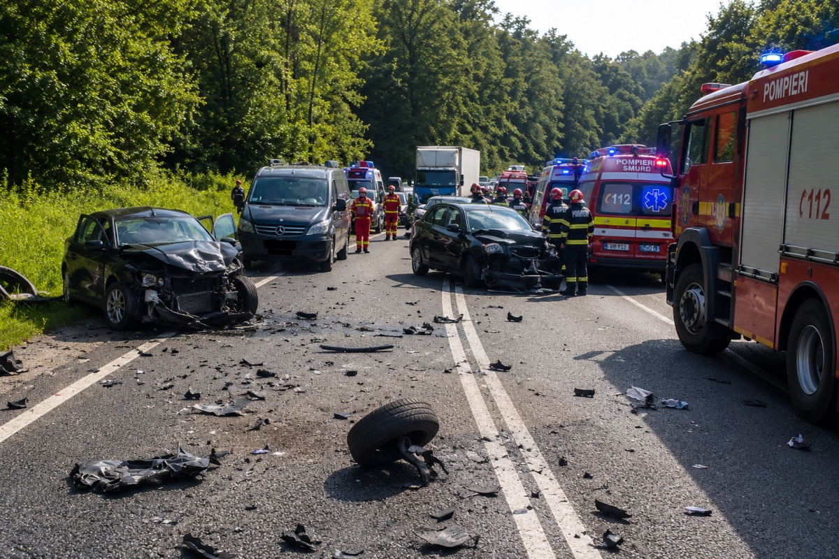 Eveniment rutier grav pe DN1 cu patru autoturisme implicate. Trei persoane au ajuns la spital