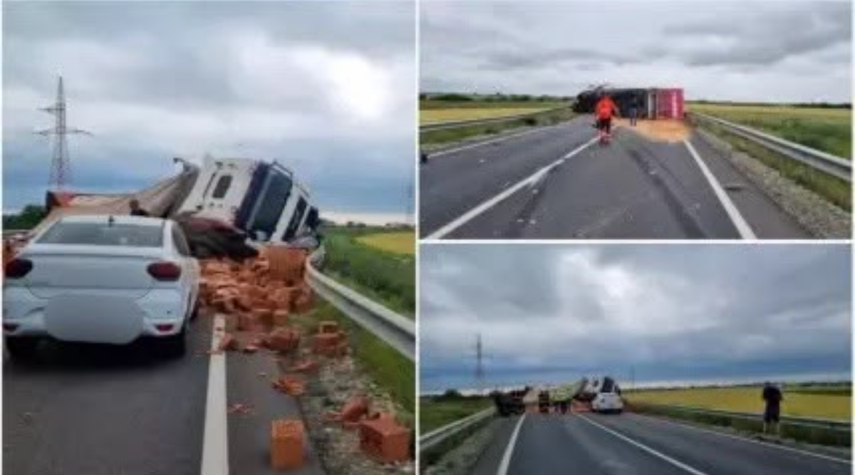 Un bărbat și-a pierdut viața pe loc după ce un camion cu cărămizi s-a răsturnat peste mașina lui, în Timiș