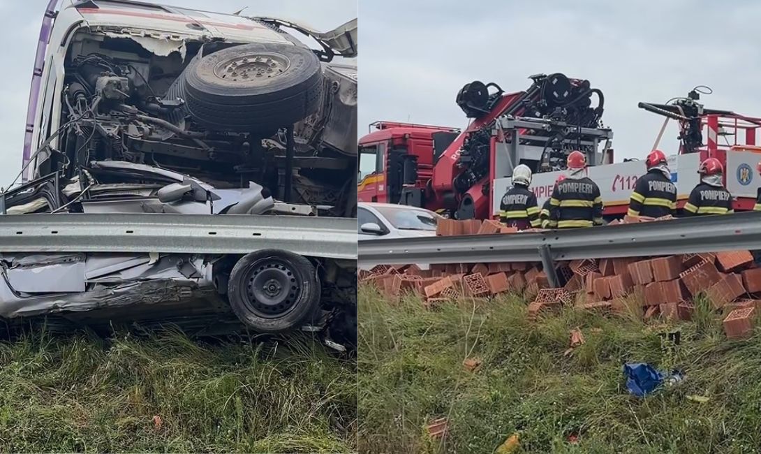 Un bărbat și pierdut viața, iar altul a ajuns la spital după ce un TIR încărcat cu cărămizi s-a răsturnat peste mașina în care se aflau