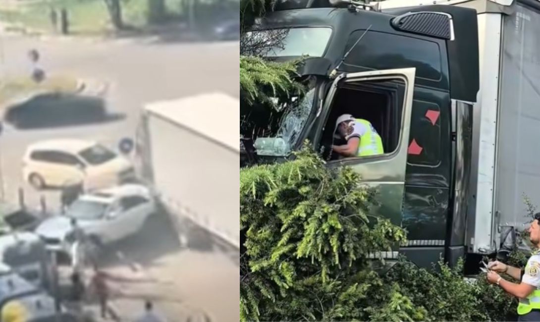Un tir a avariat zece mașini, iar două persoane, printre care și un copil, au ajuns la spital. Șoferul a fugit de la locul evenimenului