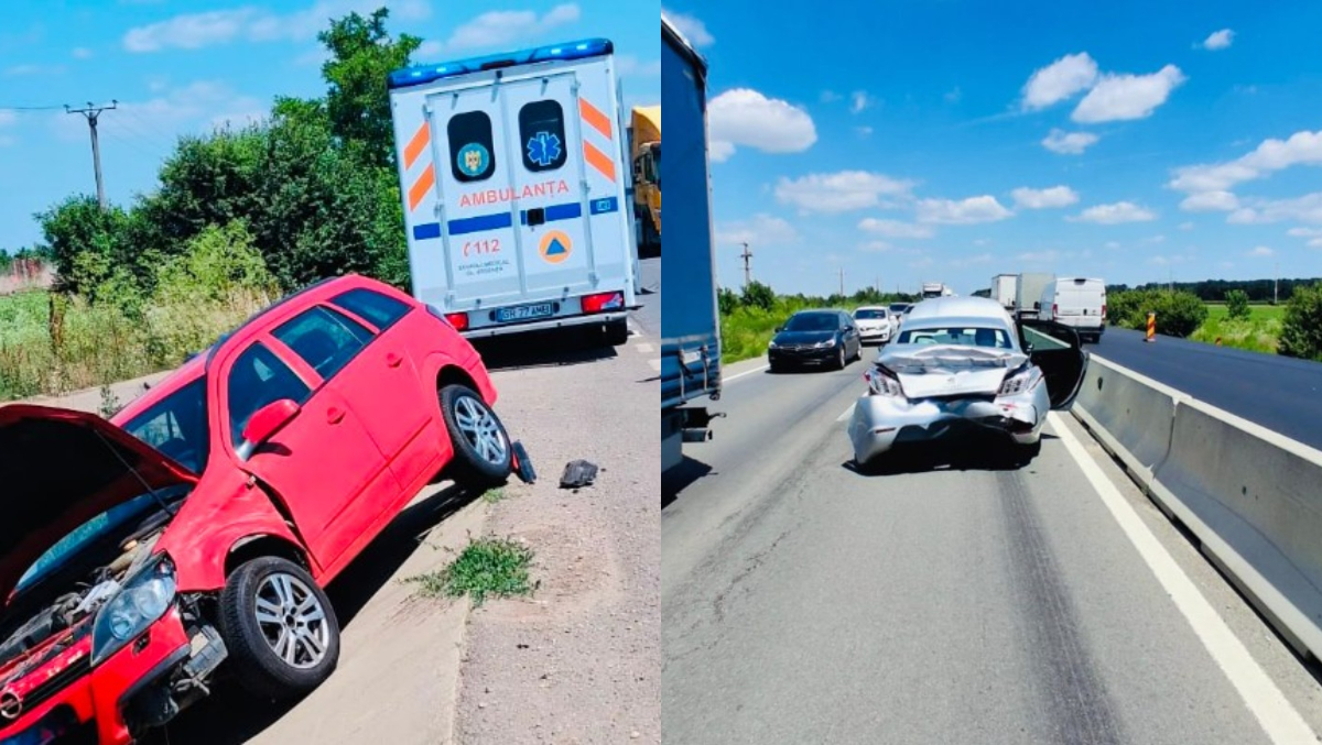 Șase mașini s-au ciocnit pe DN5! Două persoane, transportate de urgență la spital