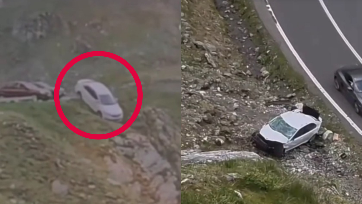 VIDEO Momentul în care o mașină se prăbușește într-o râpă, pe Transfăgărășan. Șoferița a uitat să tragă frâna de mână