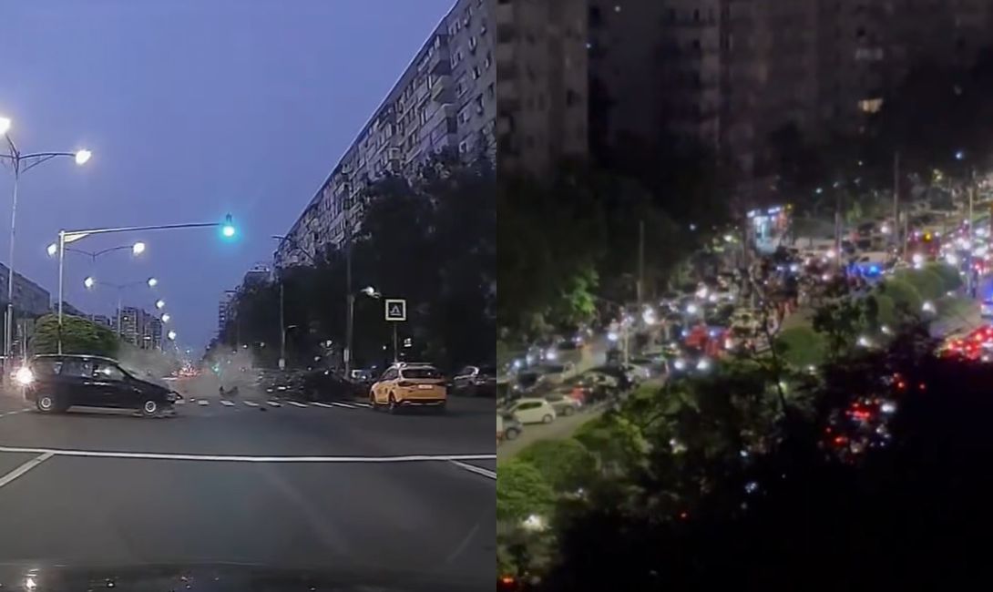 Momentul în care o mașină loveşte violent un motociclist care circula cu viteză pe bulevardul Iuliu Maniu. Bărbatul se află în stare gravă