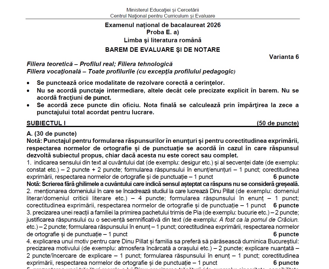 UPDATE Subiecte și bareme Bacalaureat 2026. Probleme cu unul dintre subiectele de la Limba Română