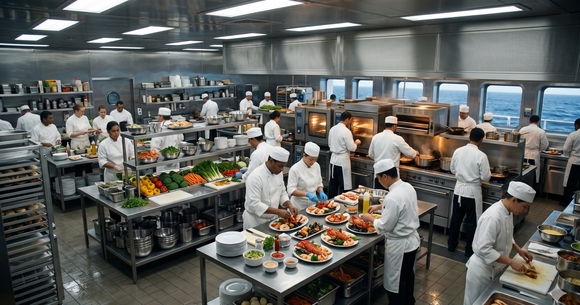 Bucătării de pe vasele de croazieră combină sisteme avansate de logistică și catering pentru a oferi experiențe culinare fiabile.