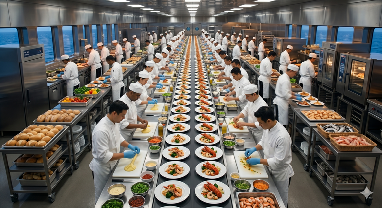 Bucătării de pe vasele de croazieră combină sisteme avansate de logistică și catering pentru a oferi experiențe culinare fiabile.