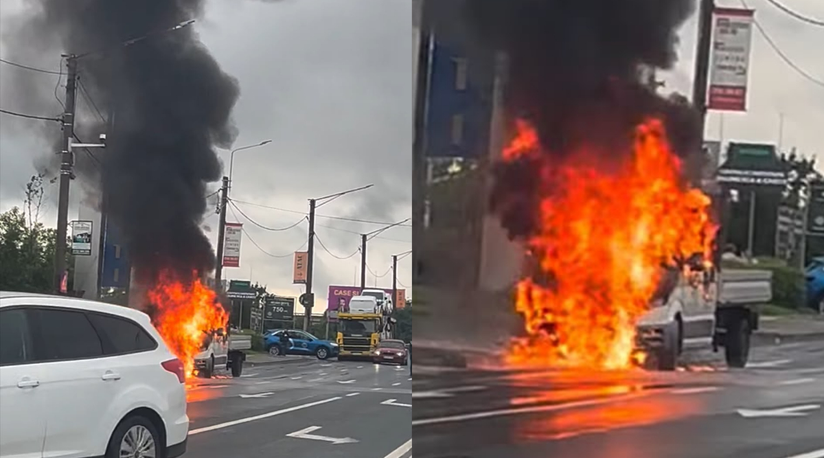 ULTIMA ORĂ: Arde o camionetă pe Șoseaua Chitilei, lângă Centura Capitalei. Circulația este blocată