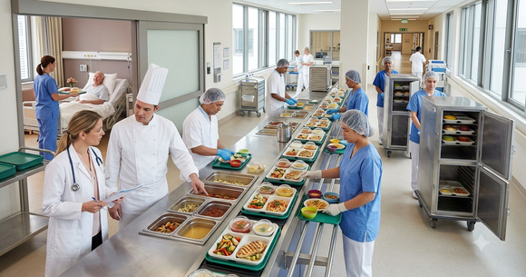&Icirc;n spitale, livrarea la timp a nutrienților către pacienți este posibilă printr-o logistică precisă și un sistem coordonat de servire a tăvilor cu mese.