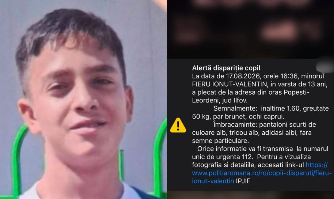 Adolescent de 13 ani, dispărut din Popești-Leordeni. Poliția a emis un mesaj RO-Alert