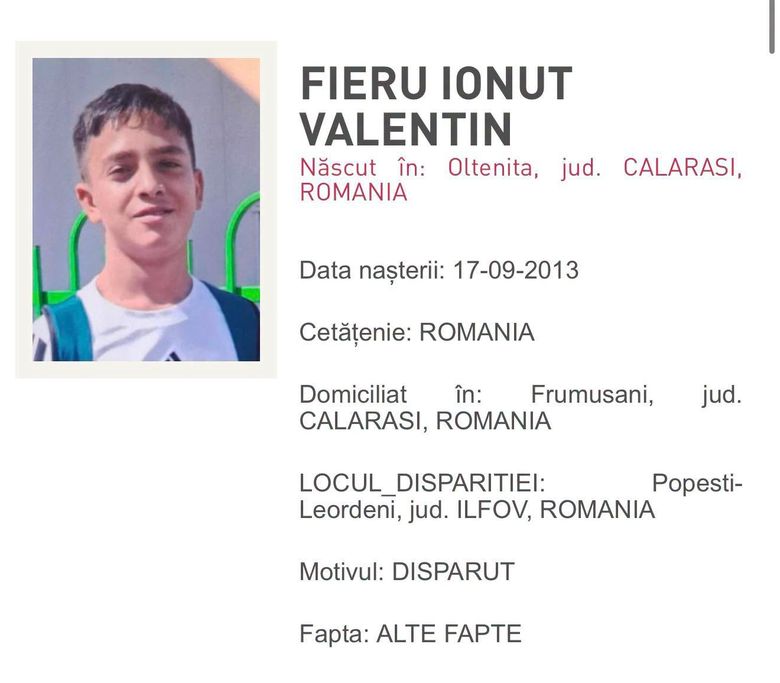 Un adolescent de 13 ani a dispărut din Popești-Leordeni, Ilfov